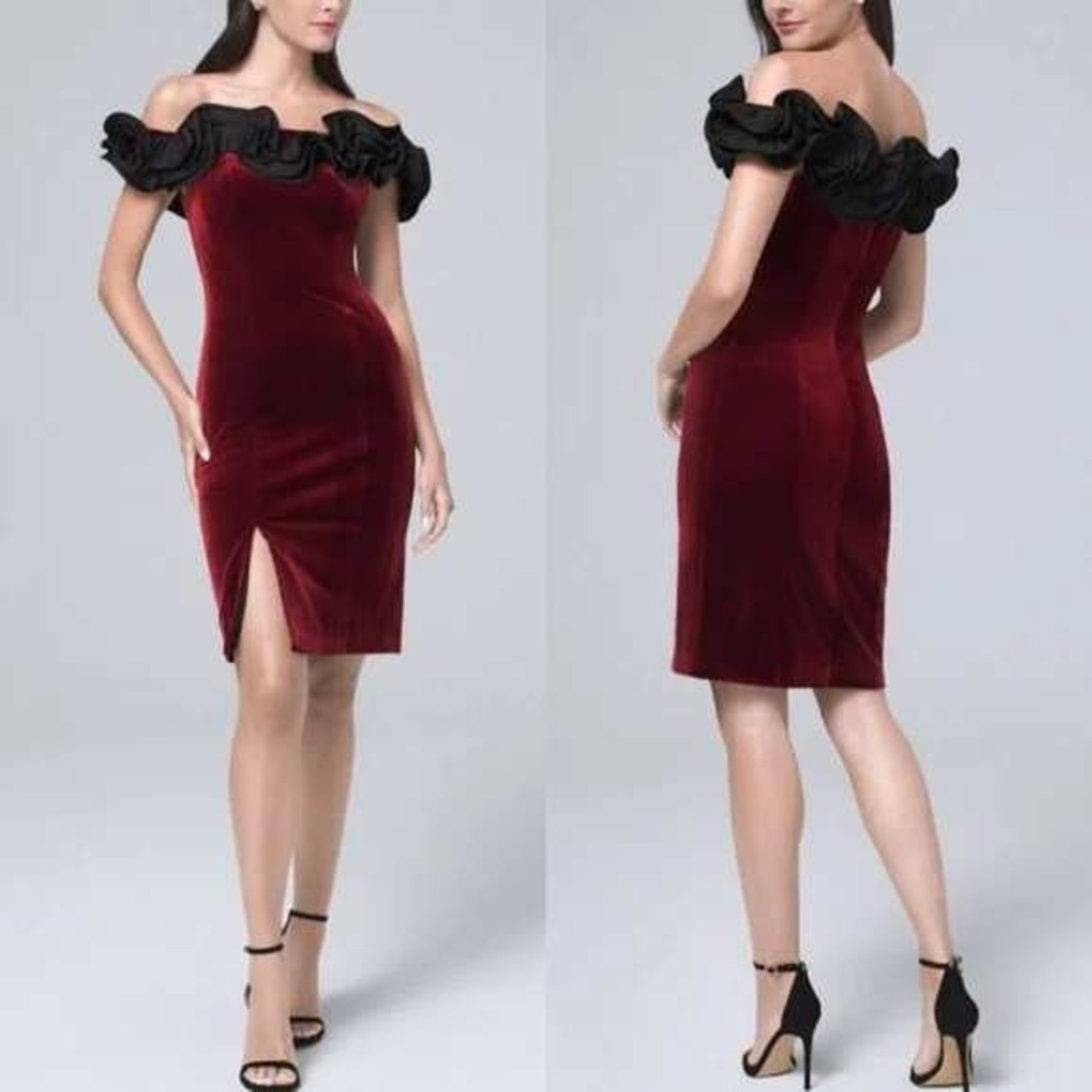 Aidan Mattox Velvet Ruffled Off the Shoulder Gown Size 12 Womens Red Wine